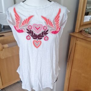 White Tank Top with Colorful Bird Design